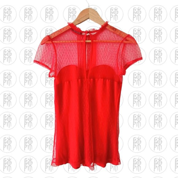 Guess Red Lace Pleated Ruffle Polka Dot Blouse Top Size M - Picture 5 of 5